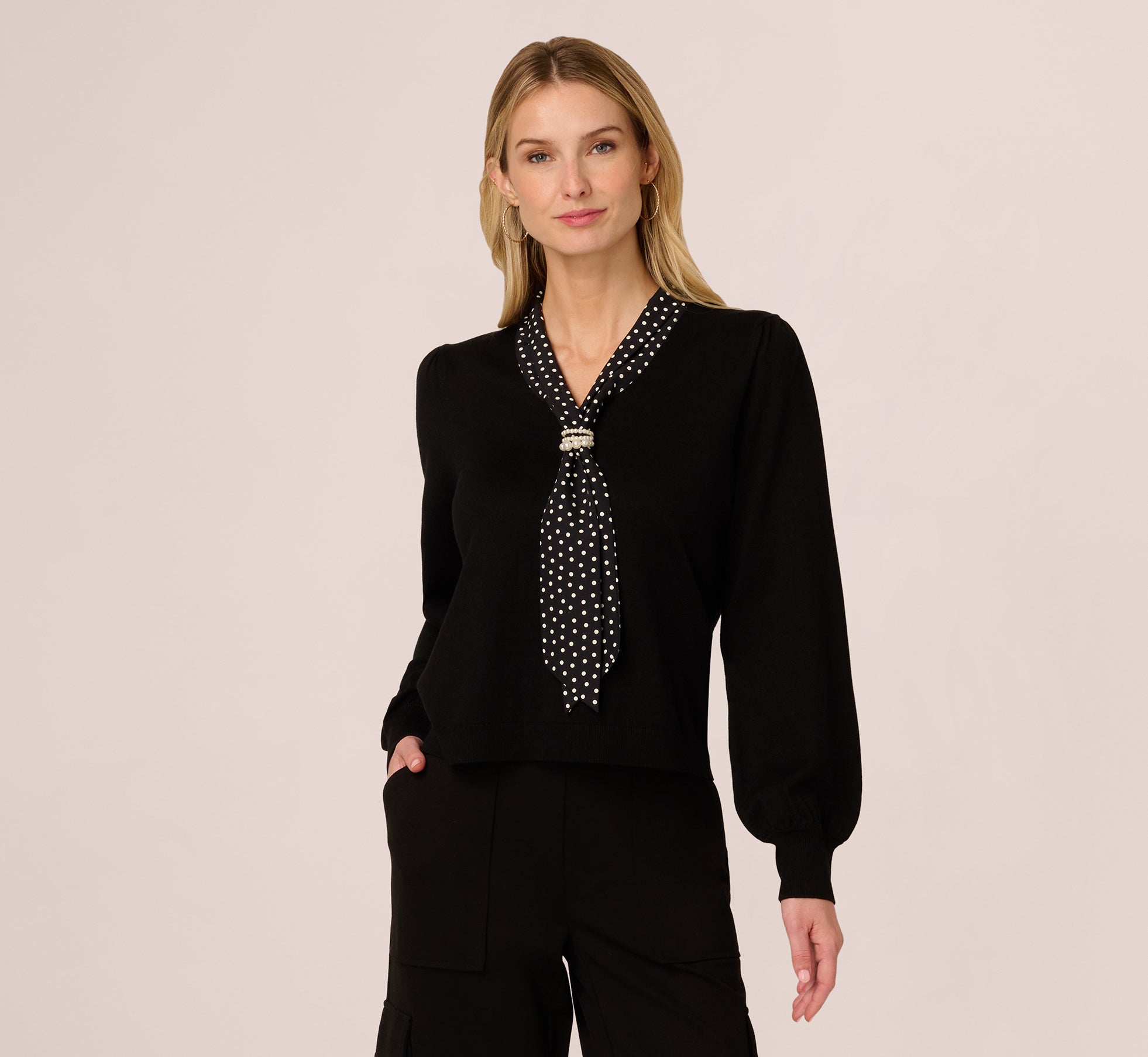 Long Sleeve Satin Neck Tie Sweater In Black W  Black Cream Dot