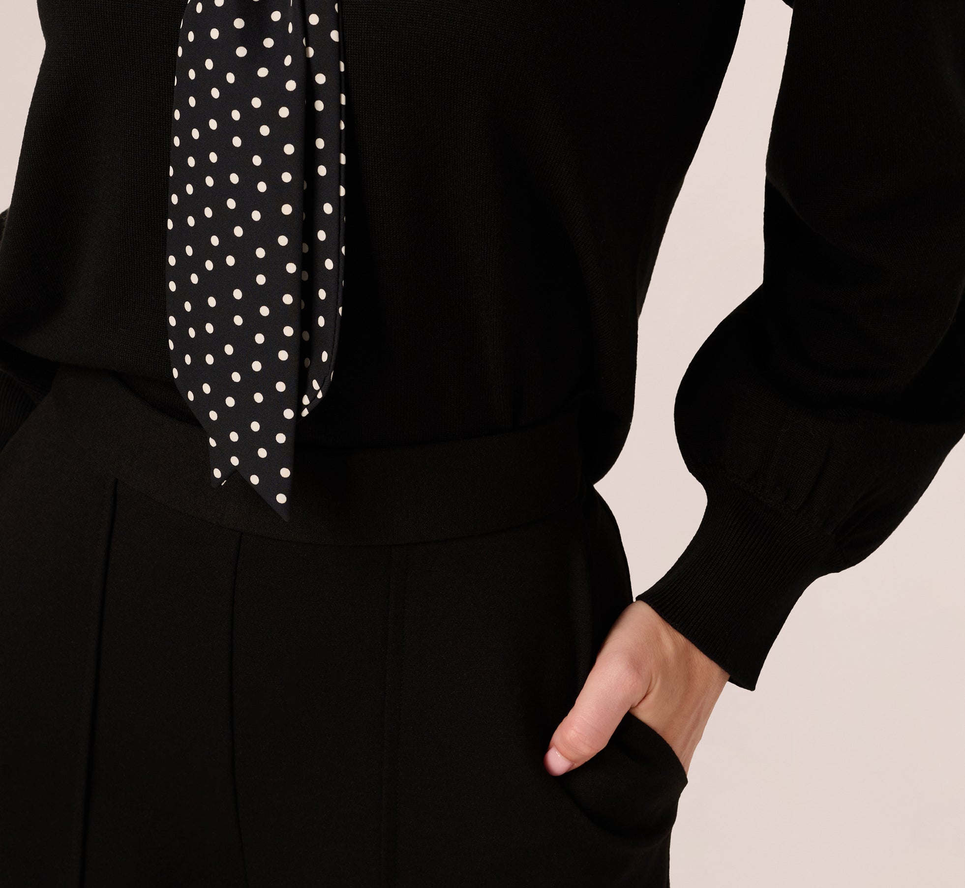 Long Sleeve Satin Neck Tie Sweater In Black W  Black Cream Dot