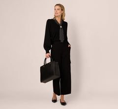 Long Sleeve Satin Neck Tie Sweater In Black W  Black Cream Dot