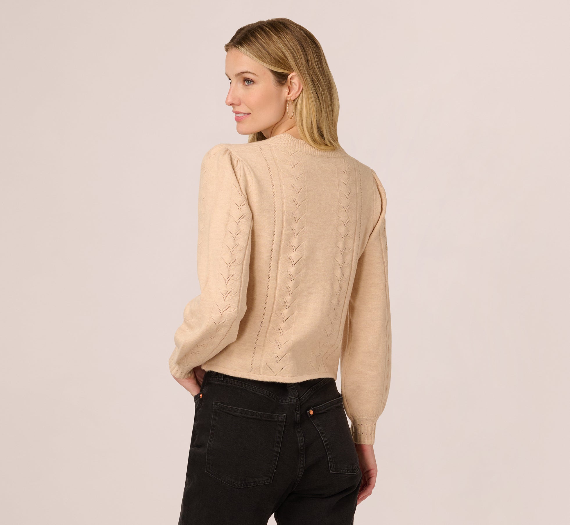 Long Sleeve Scalloped Pointelle Cardigan Sweater In Heather Fawn