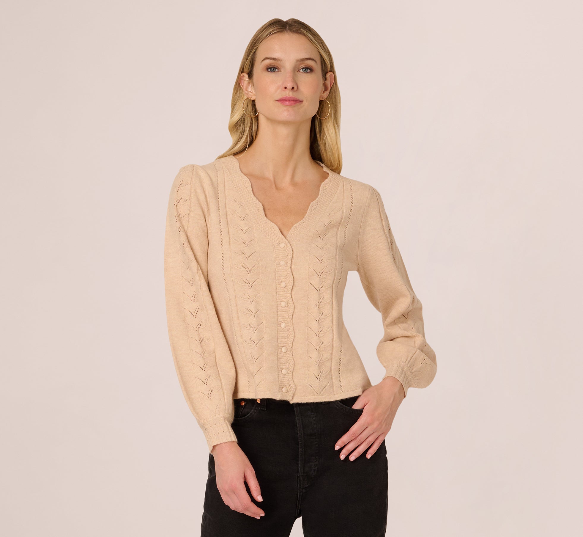 Long Sleeve Scalloped Pointelle Cardigan Sweater In Heather Fawn