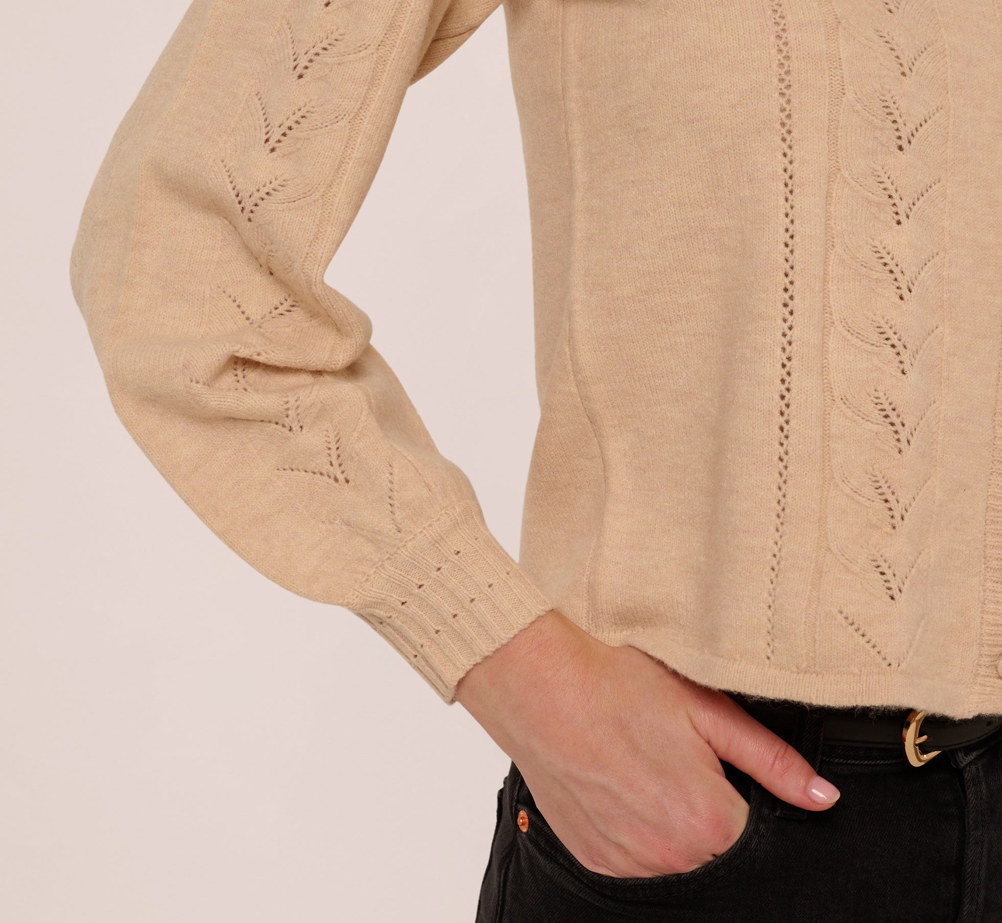 Long Sleeve Scalloped Pointelle Cardigan Sweater In Heather Fawn