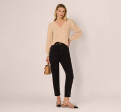 Long Sleeve Scalloped Pointelle Cardigan Sweater In Heather Fawn