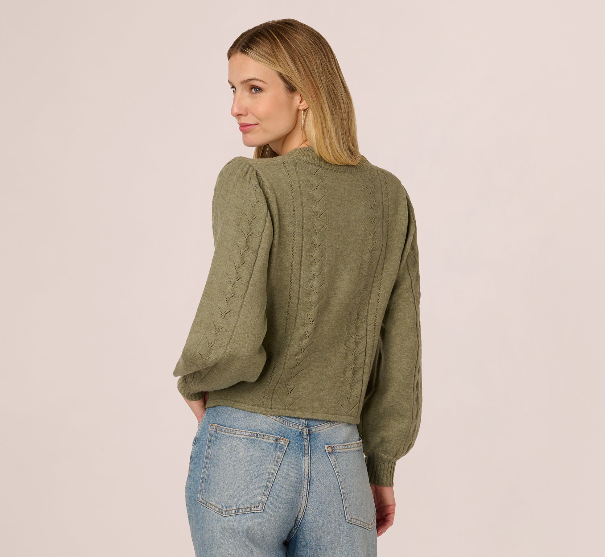 Long Sleeve Scalloped Pointelle Cardigan Sweater In Evergreen Fog