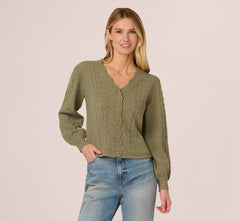 Long Sleeve Scalloped Pointelle Cardigan Sweater In Evergreen Fog
