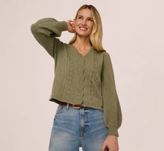 Long Sleeve Scalloped Pointelle Cardigan Sweater In Evergreen Fog