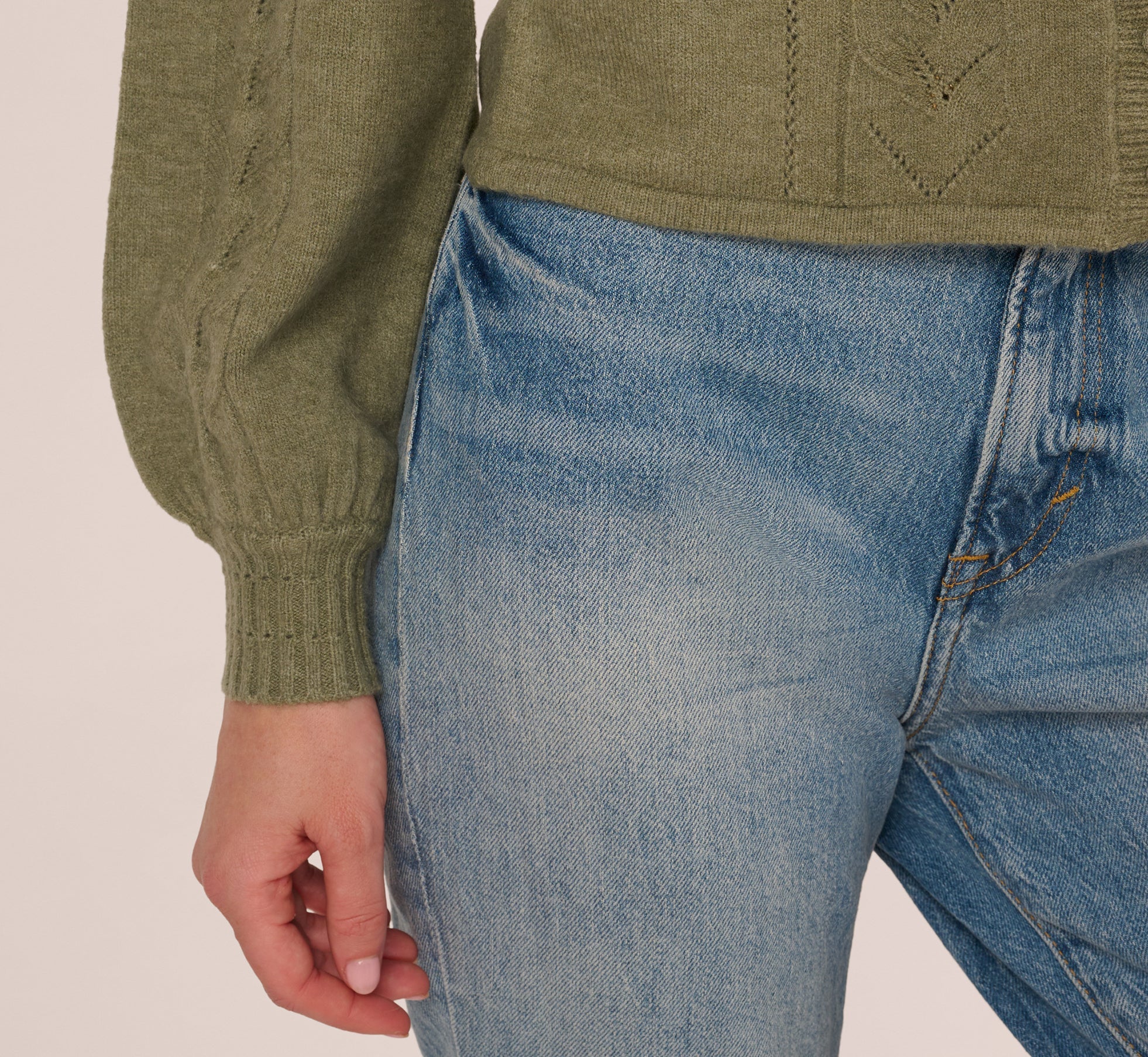 Long Sleeve Scalloped Pointelle Cardigan Sweater In Evergreen Fog