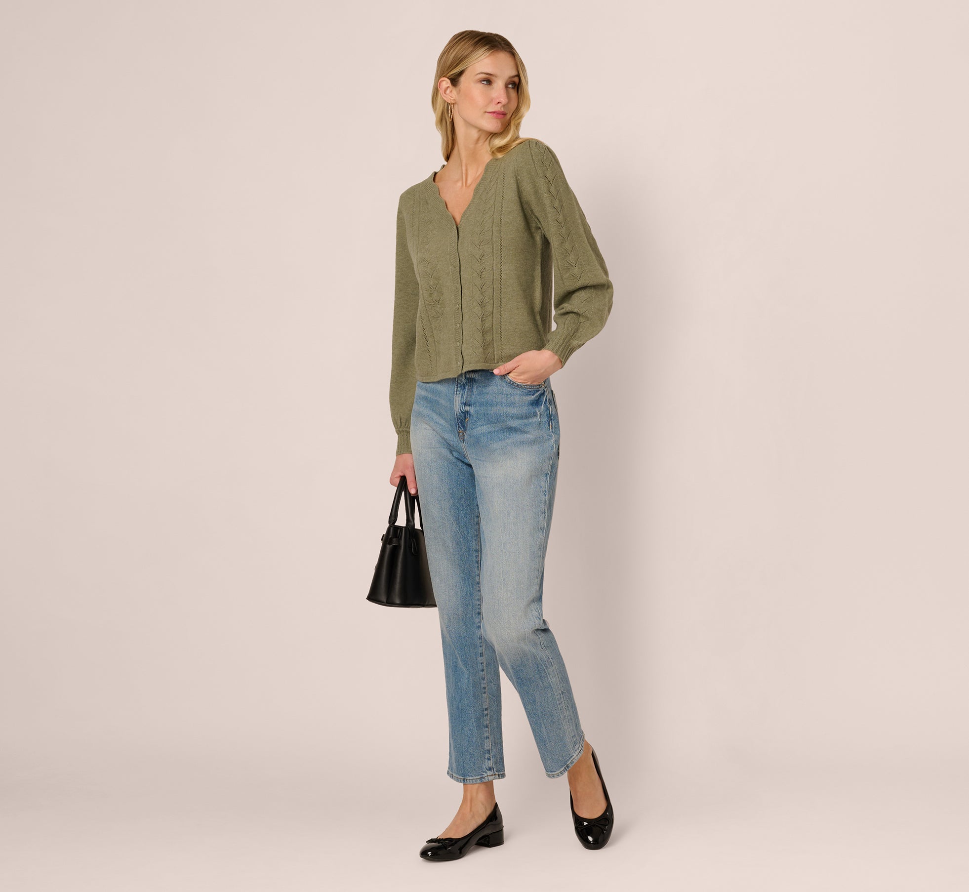 Long Sleeve Scalloped Pointelle Cardigan Sweater In Evergreen Fog
