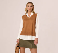 Long Sleeve Sweater Vest Twofer Blouse In Camel Ivory