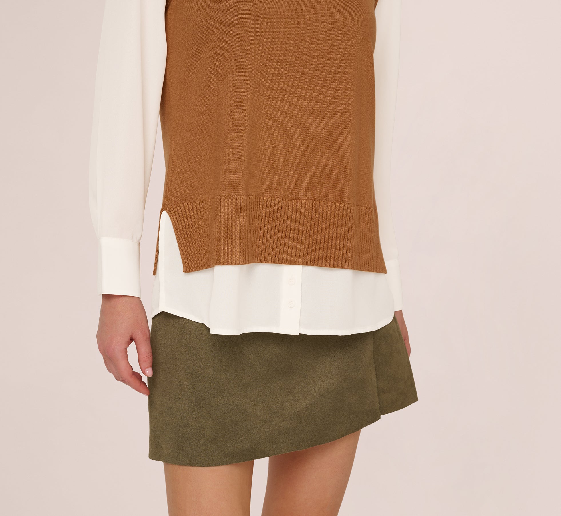Long Sleeve Sweater Vest Twofer Blouse In Camel Ivory