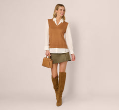 Long Sleeve Sweater Vest Twofer Blouse In Camel Ivory