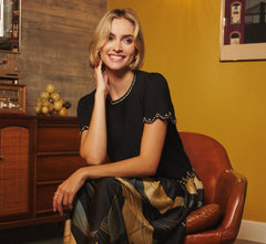 Short Sleeve Rhinestone Sweater Top In Black