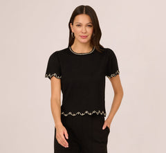Short Sleeve Rhinestone Sweater Top In Black