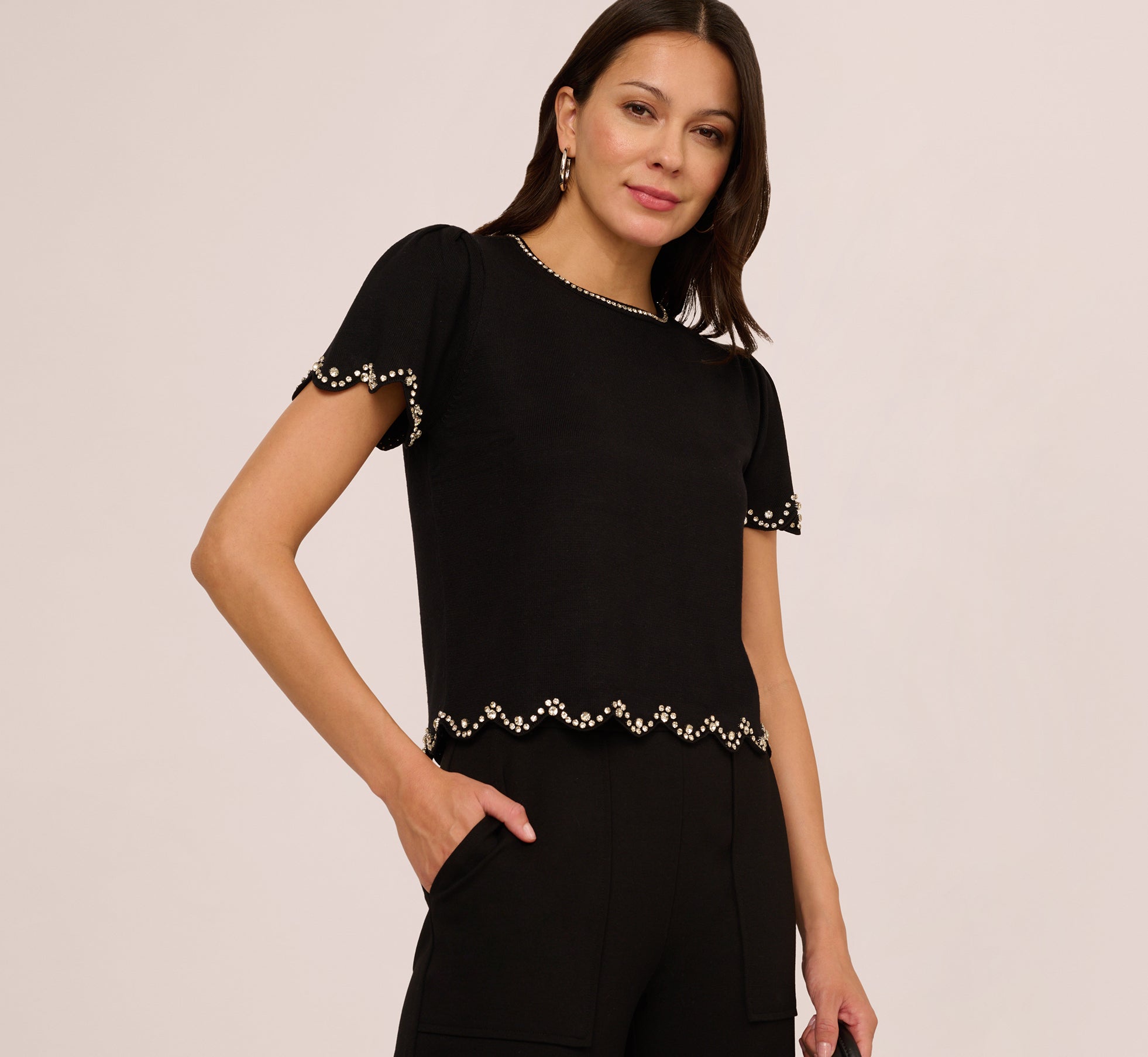 Short Sleeve Rhinestone Sweater Top In Black