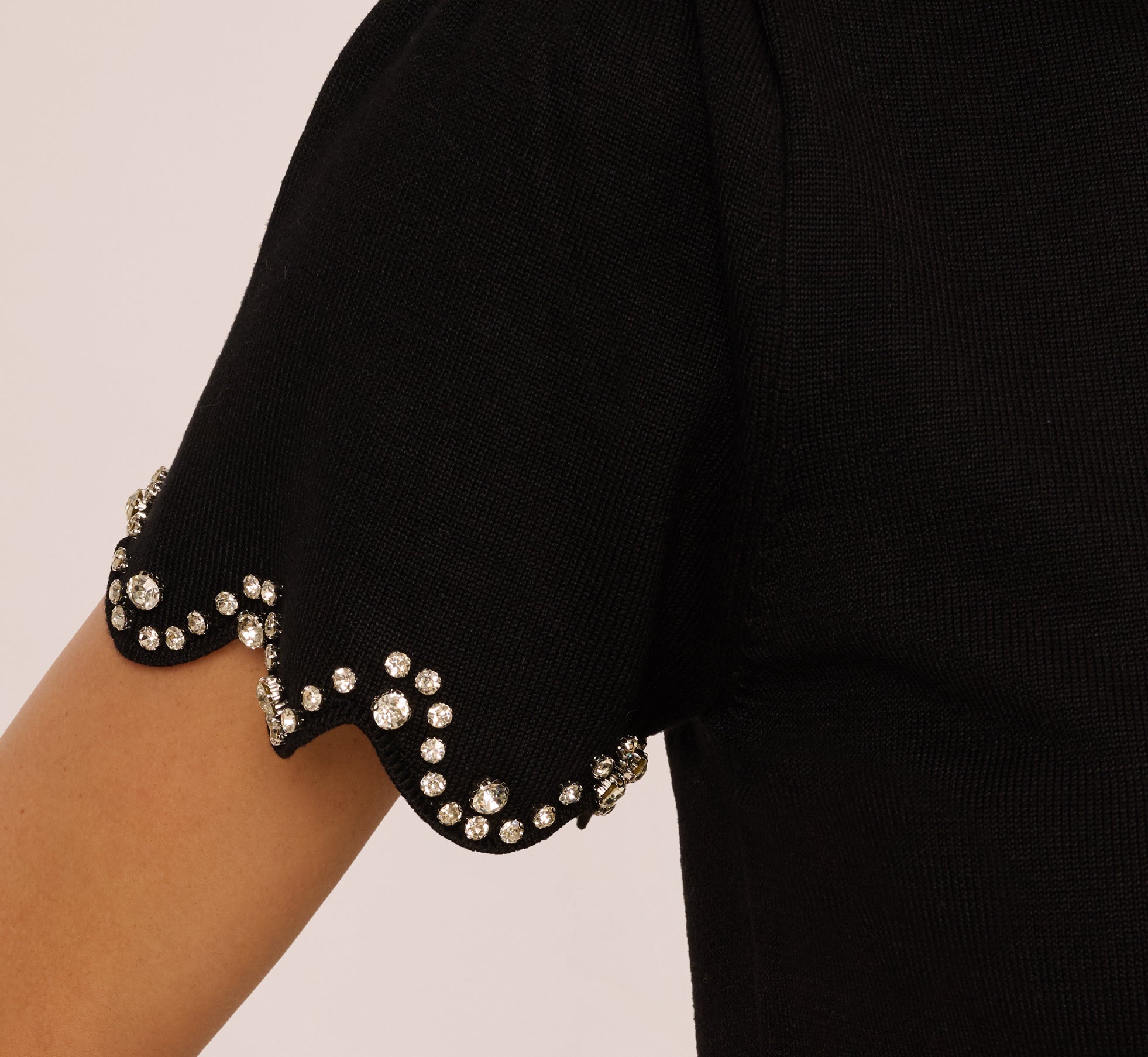 Short Sleeve Rhinestone Sweater Top In Black