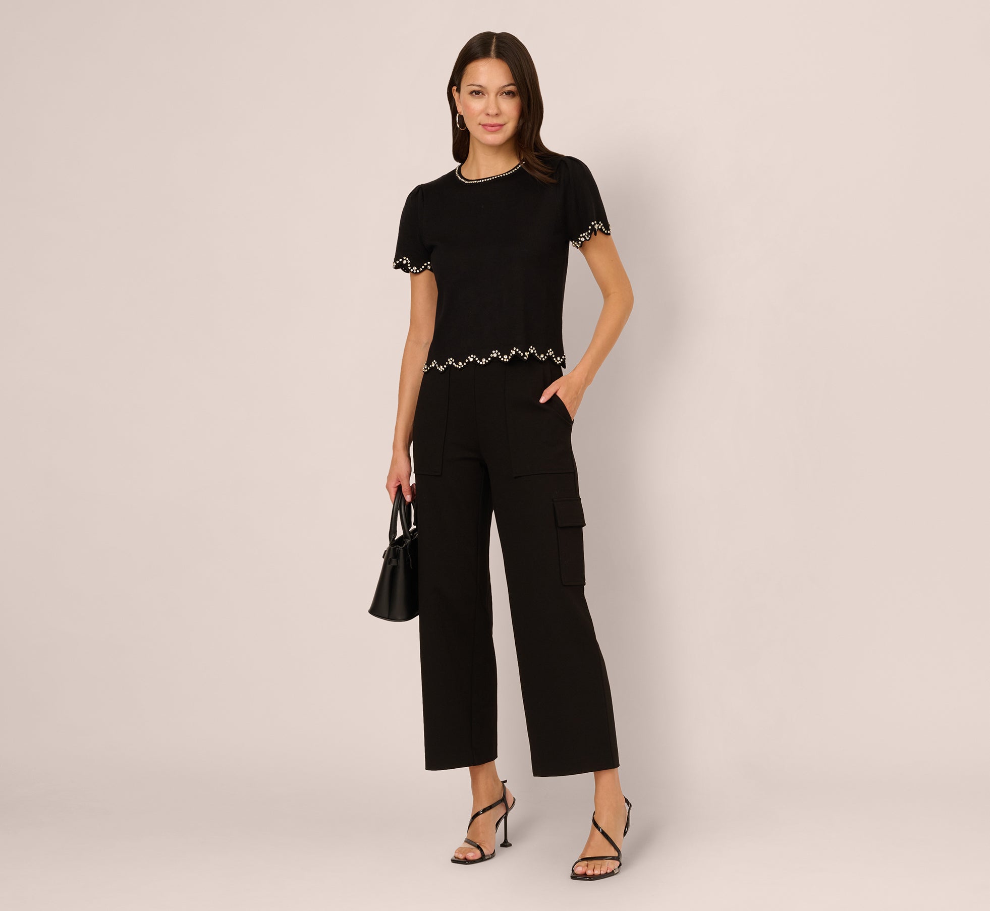 Short Sleeve Rhinestone Sweater Top In Black