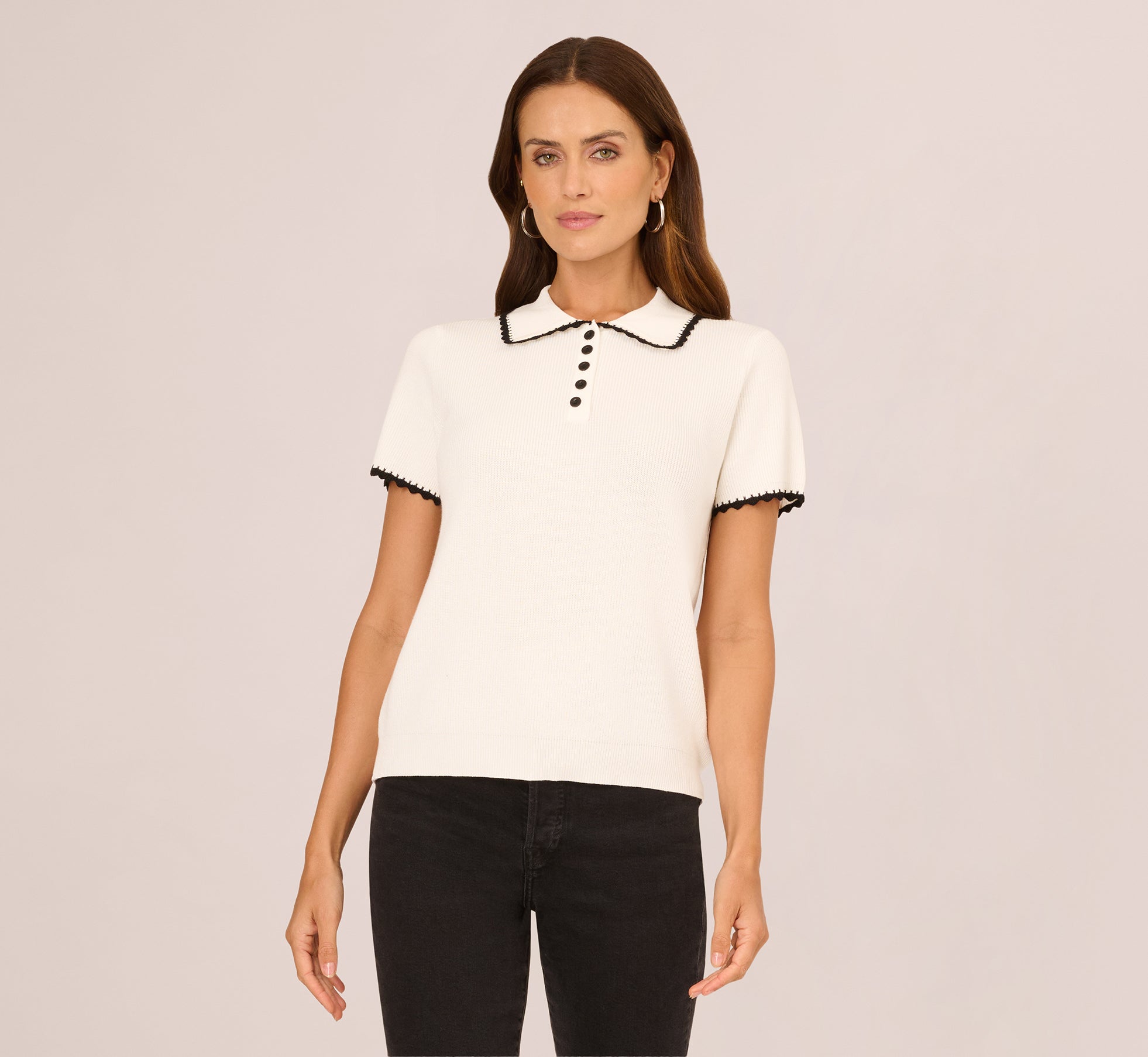 Short Sleeve Scalloped Trim Polo Sweater In Cream Black