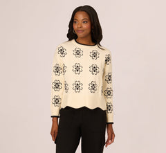 Floral Cable Knit Pullover Sweater In Cream Black