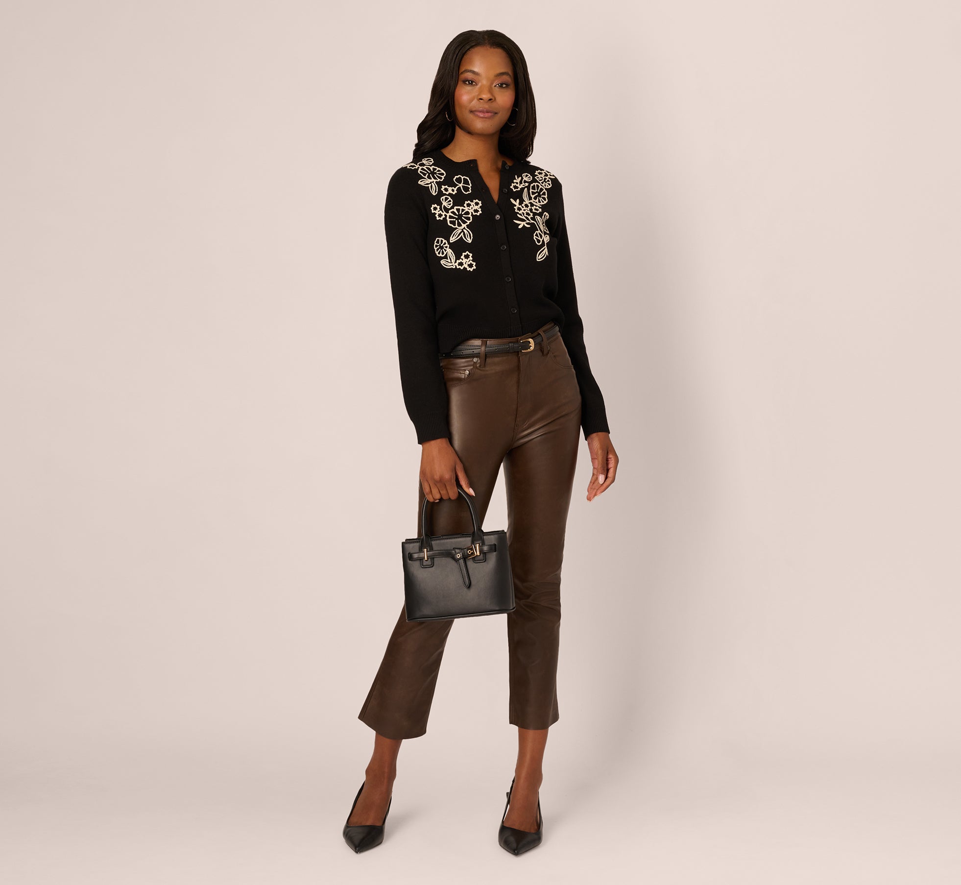 Floral Embroidered Cardigan Sweater In Black Cream