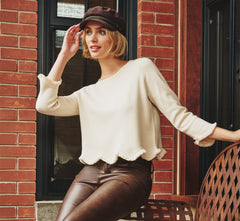 Three Quarter Sleeve Scallop Fringe Sweater In Cream
