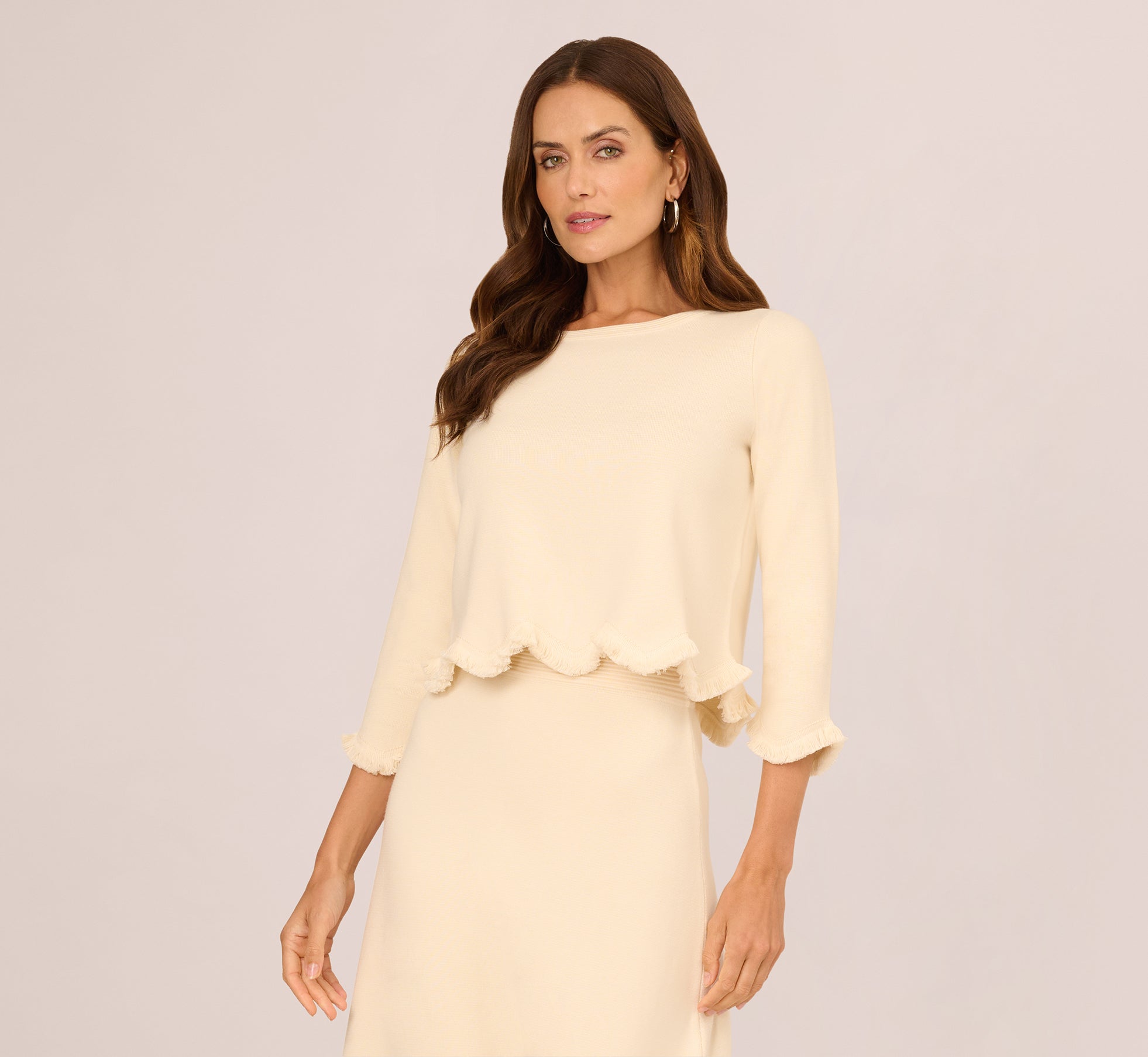 Three Quarter Sleeve Scallop Fringe Sweater In Cream