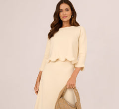 Three Quarter Sleeve Scallop Fringe Sweater In Cream