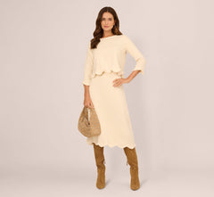 Three Quarter Sleeve Scallop Fringe Sweater In Cream