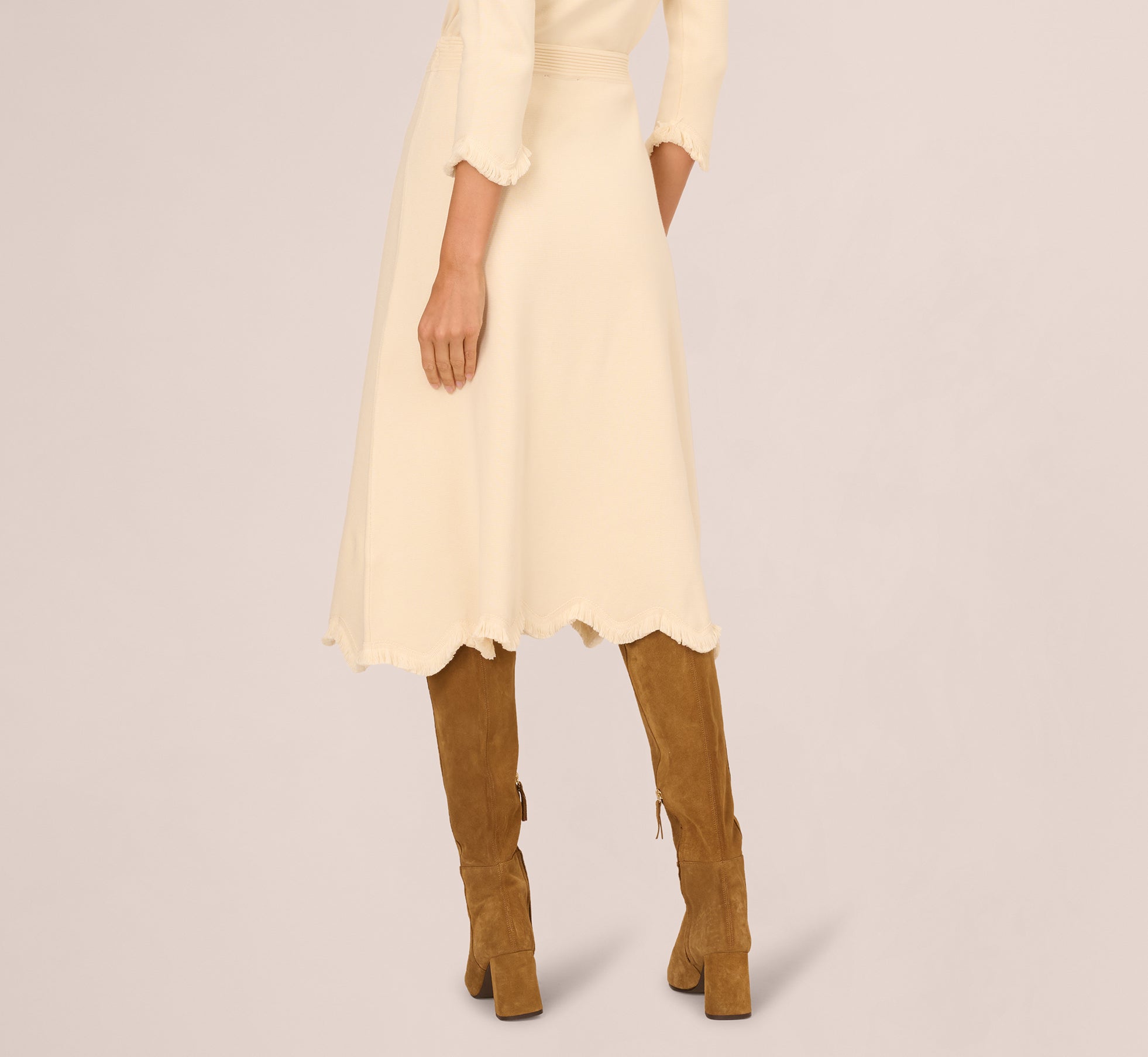 Sweater Knit Scalloped A Line Midi Skirt In Cream
