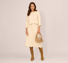 Sweater Knit Scalloped A Line Midi Skirt In Cream
