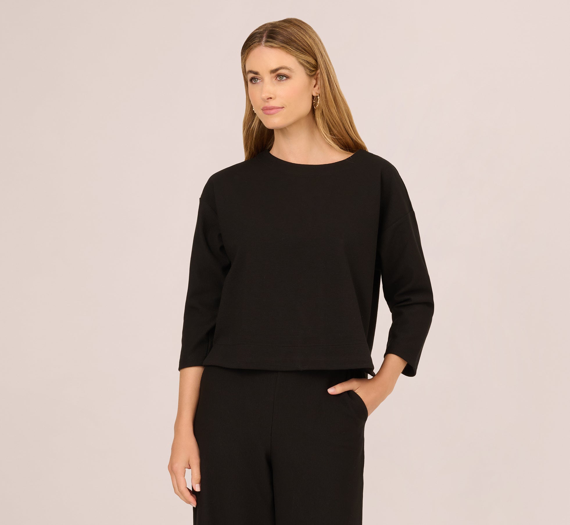 Three Quarter Sleeve Drop Shoulder Rib Knit Top In Black