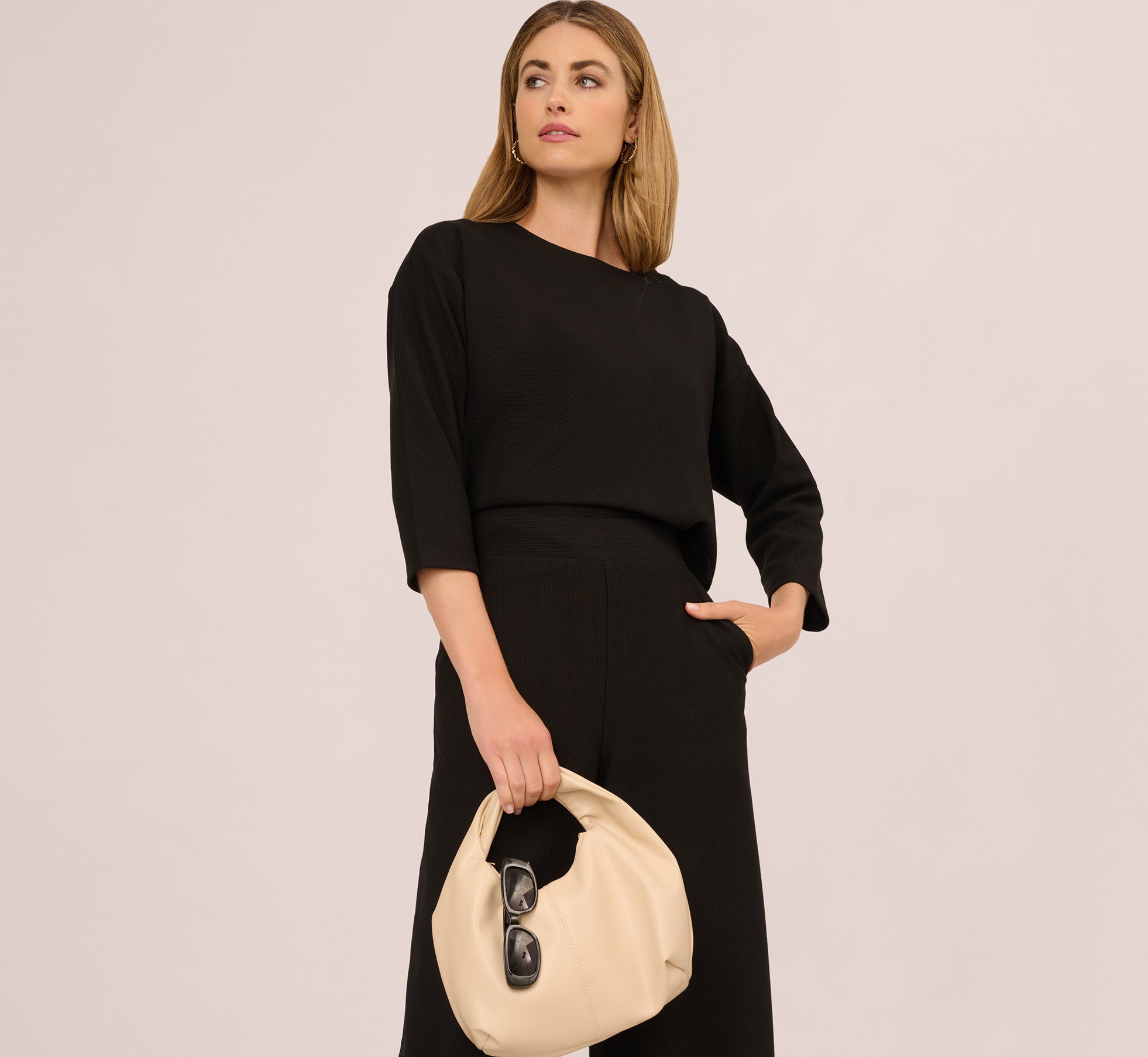 Three Quarter Sleeve Drop Shoulder Rib Knit Top In Black