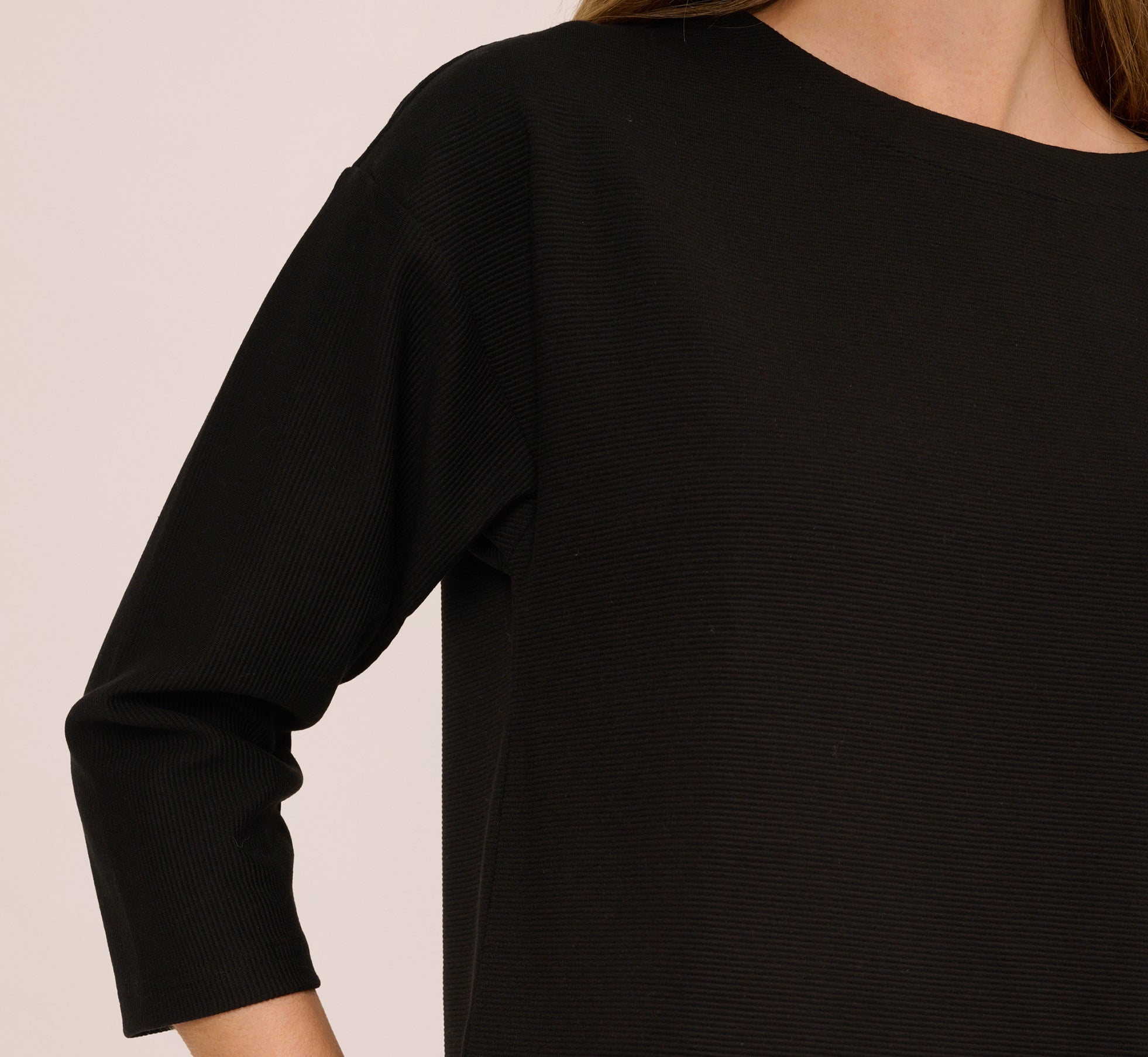 Three Quarter Sleeve Drop Shoulder Rib Knit Top In Black