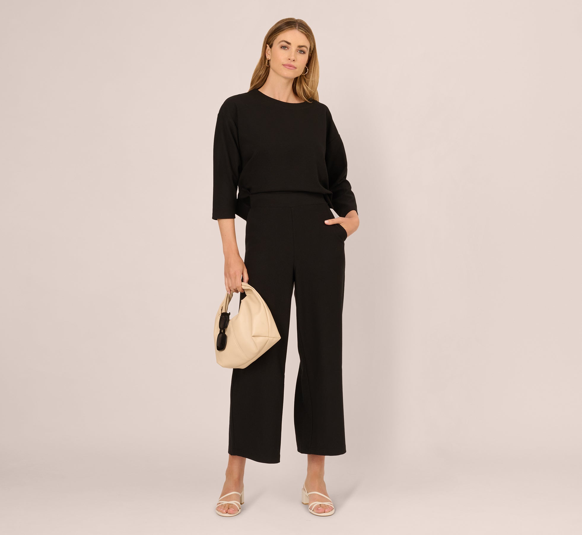 Three Quarter Sleeve Drop Shoulder Rib Knit Top In Black