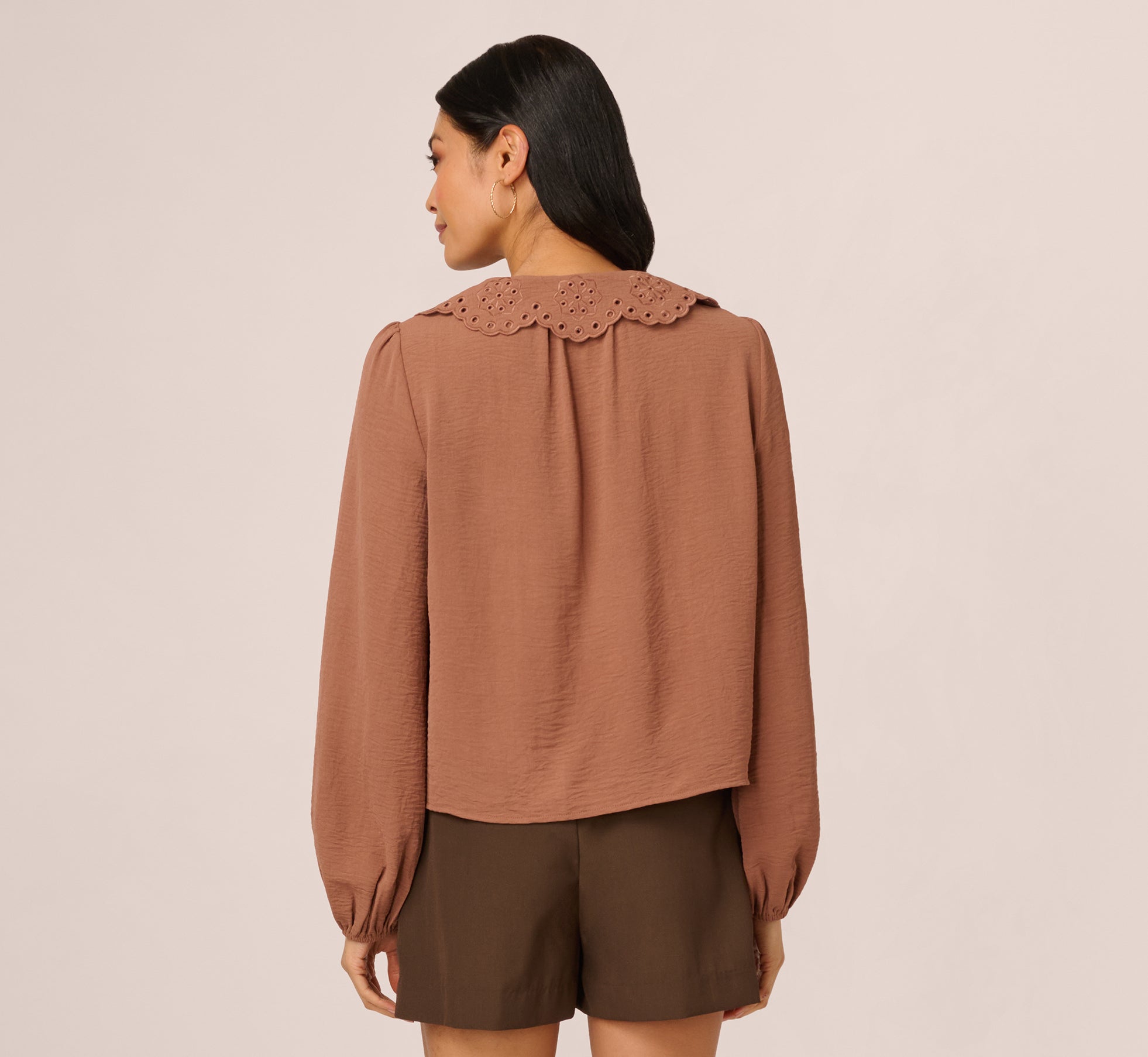 Long Sleeve Embroidered Eyelet Top In Acorn