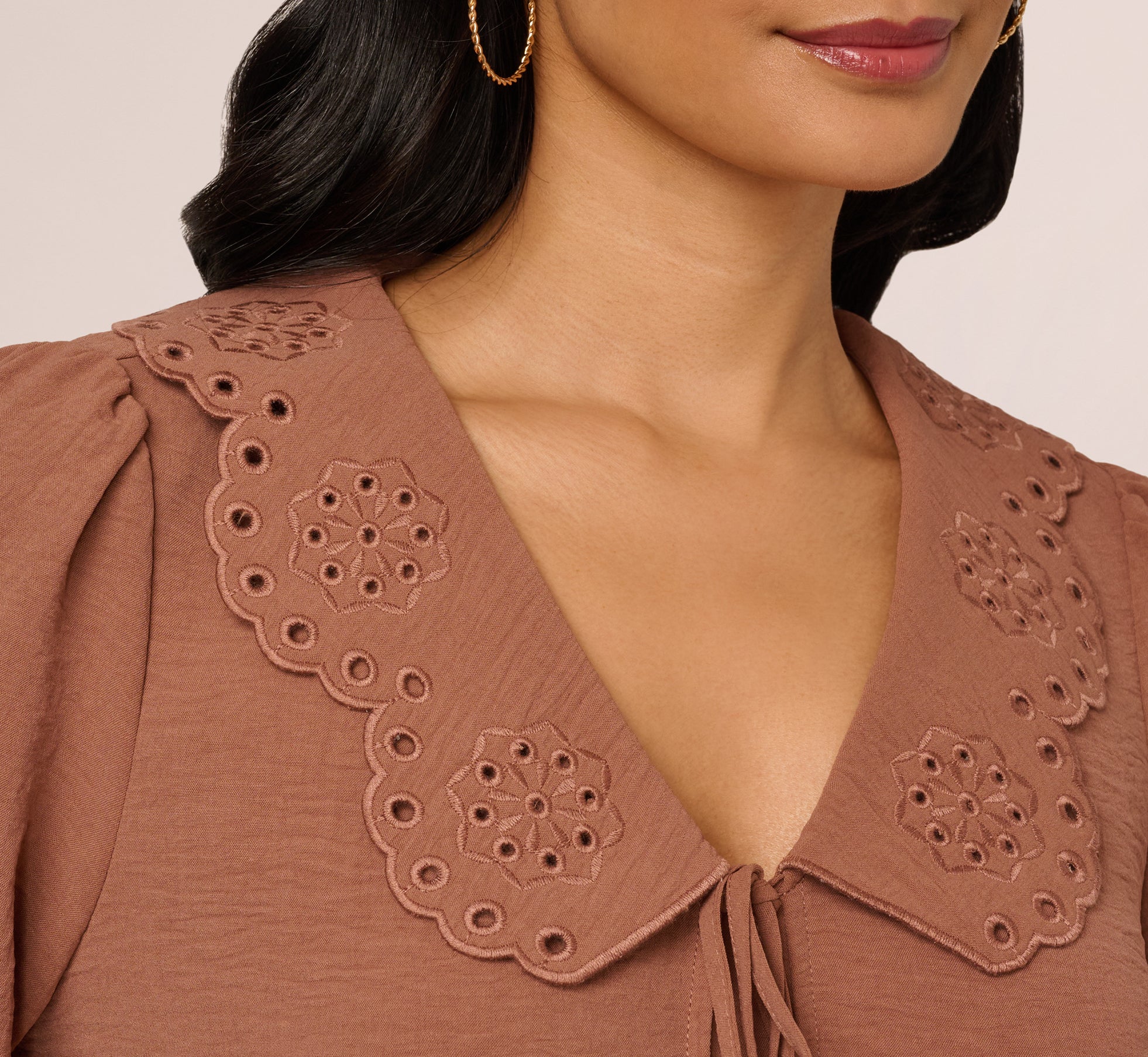 Long Sleeve Embroidered Eyelet Top In Acorn
