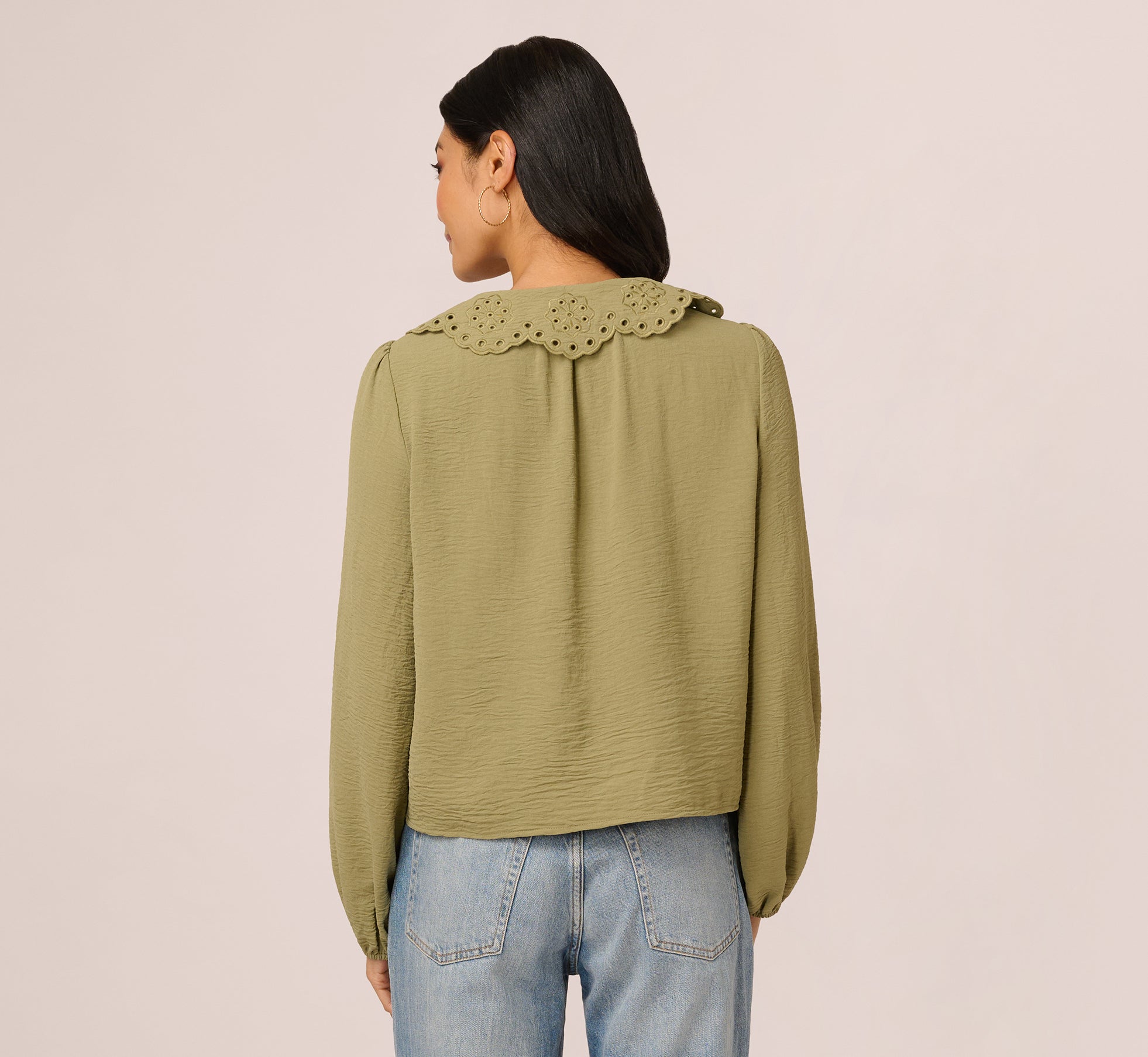 Long Sleeve Embroidered Eyelet Top In Matcha Green