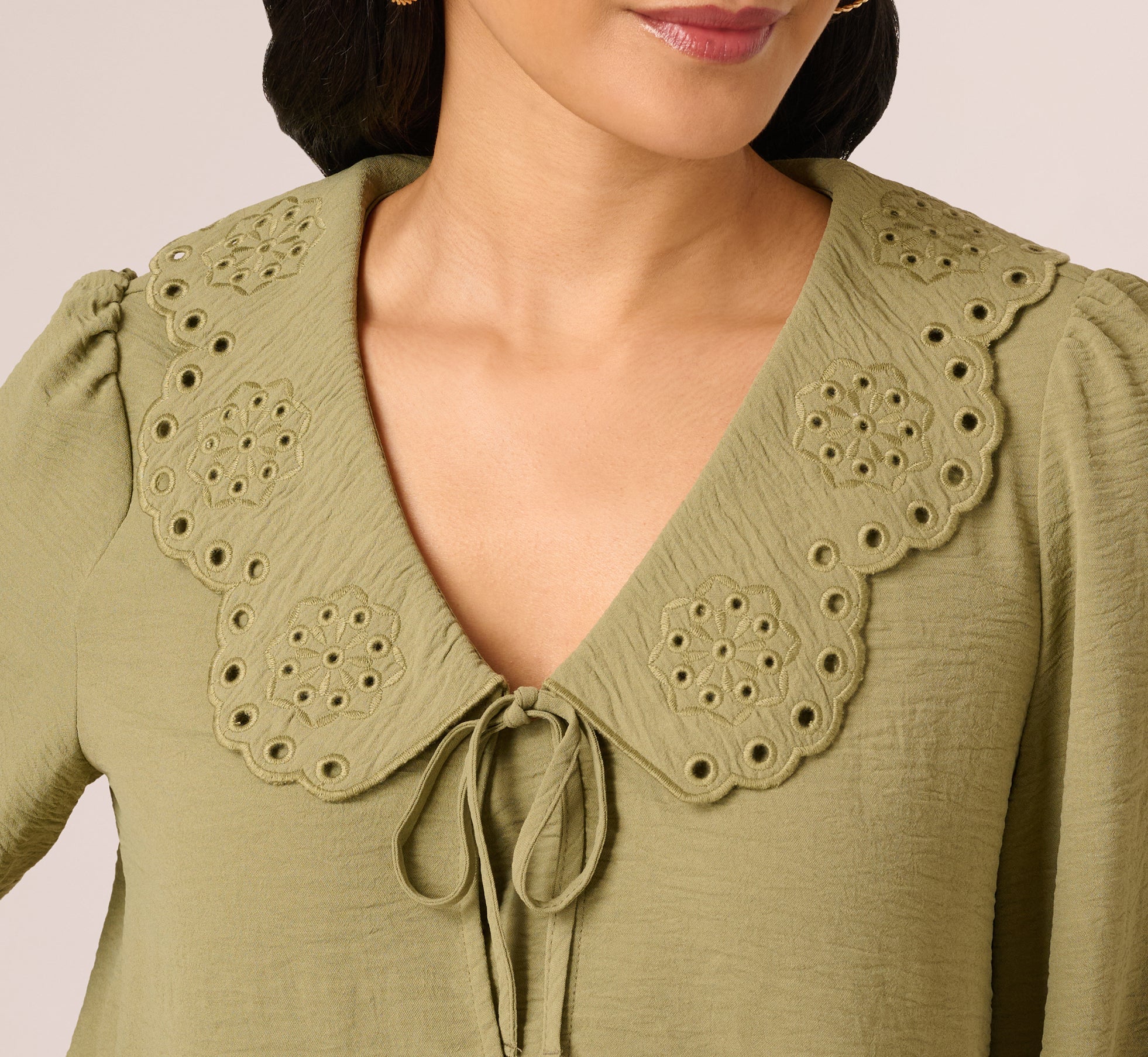Long Sleeve Embroidered Eyelet Top In Matcha Green