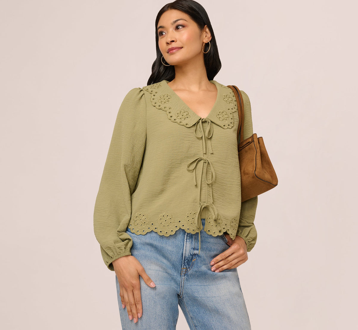 Long Sleeve Embroidered Eyelet Top In Matcha Green