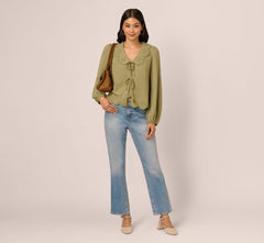 Long Sleeve Embroidered Eyelet Top In Matcha Green