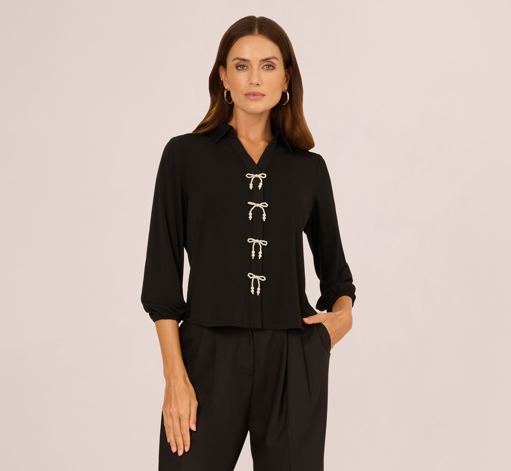 Three Quarter Sleeve Pearly Bow Blouse In Black