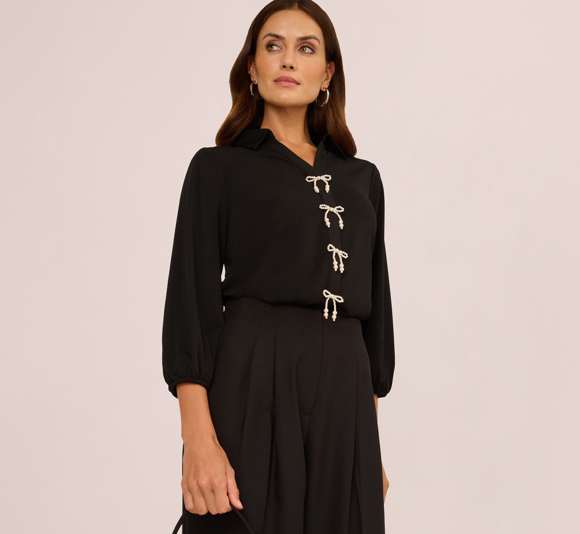 Three Quarter Sleeve Pearly Bow Blouse In Black