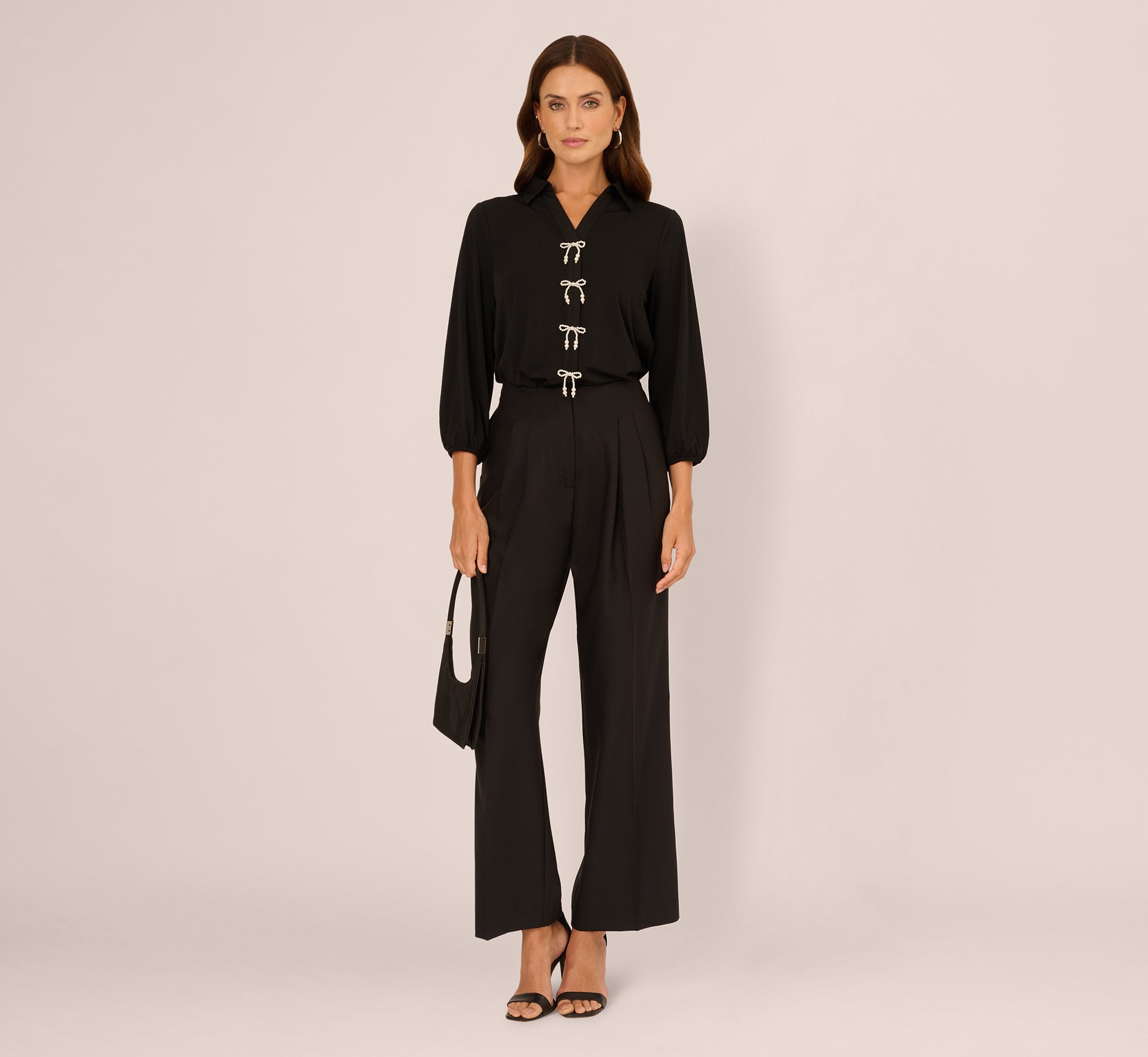 Three Quarter Sleeve Pearly Bow Blouse In Black