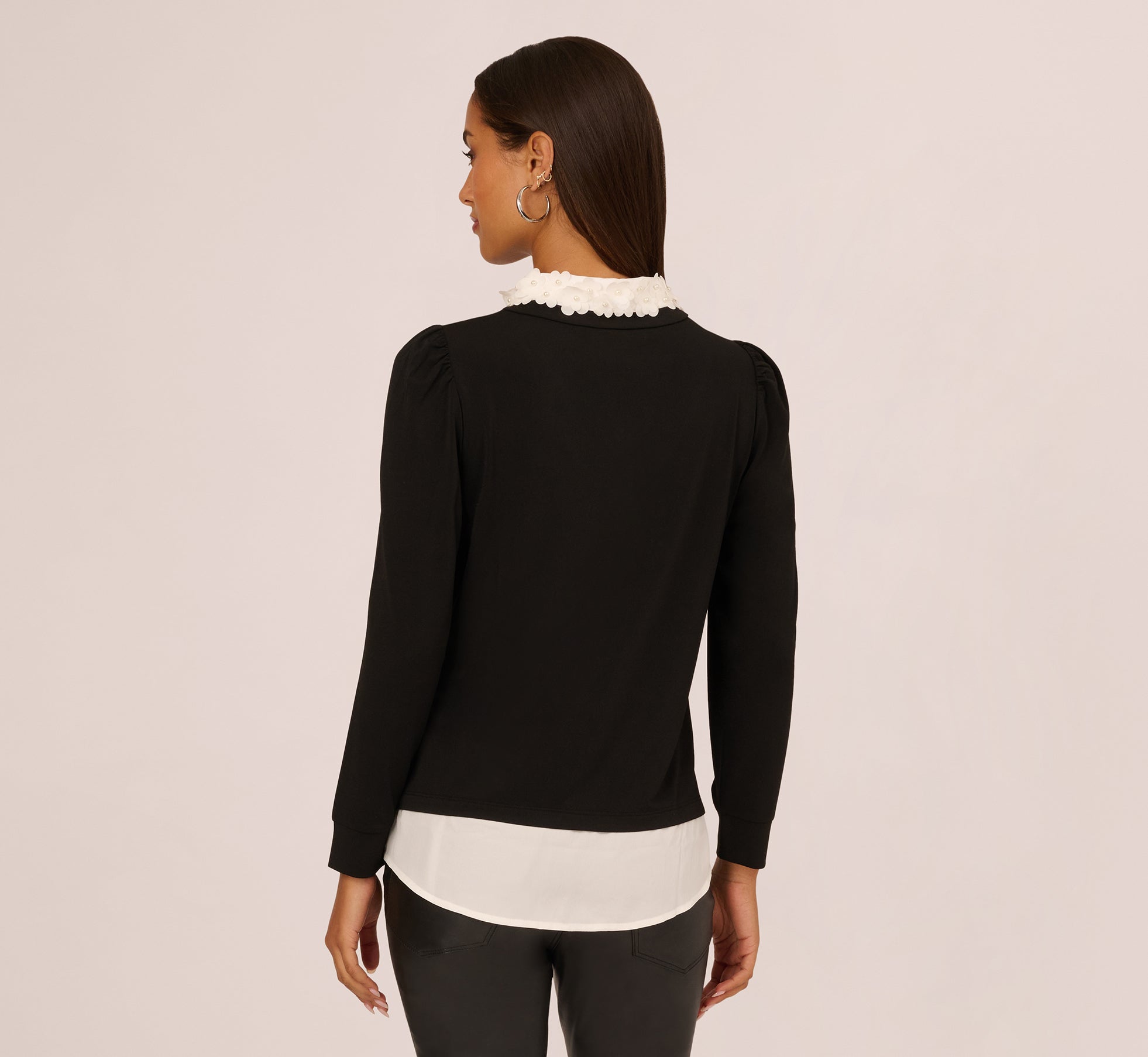 Long Sleeve Petal Collar Twofer Sweater In Black Ivory