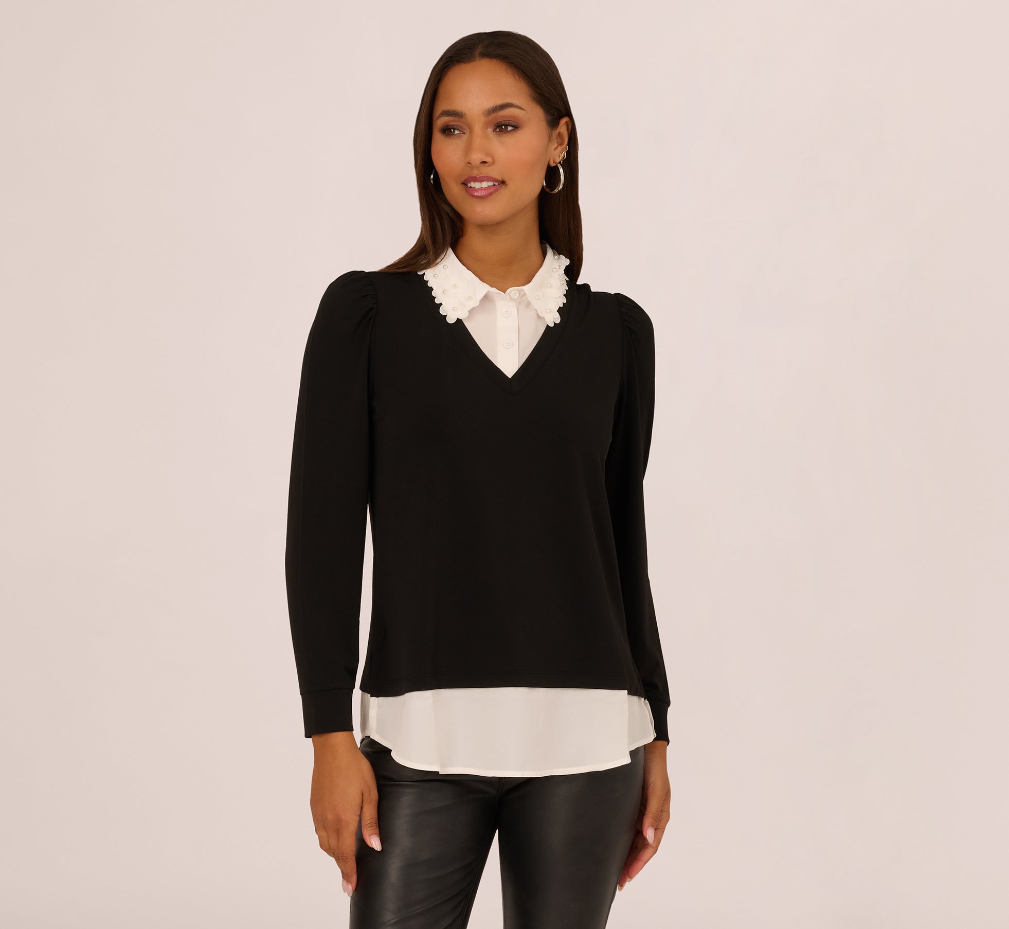 Long Sleeve Petal Collar Twofer Sweater In Black Ivory