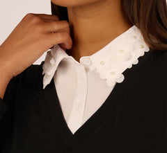 Long Sleeve Petal Collar Twofer Sweater In Black Ivory