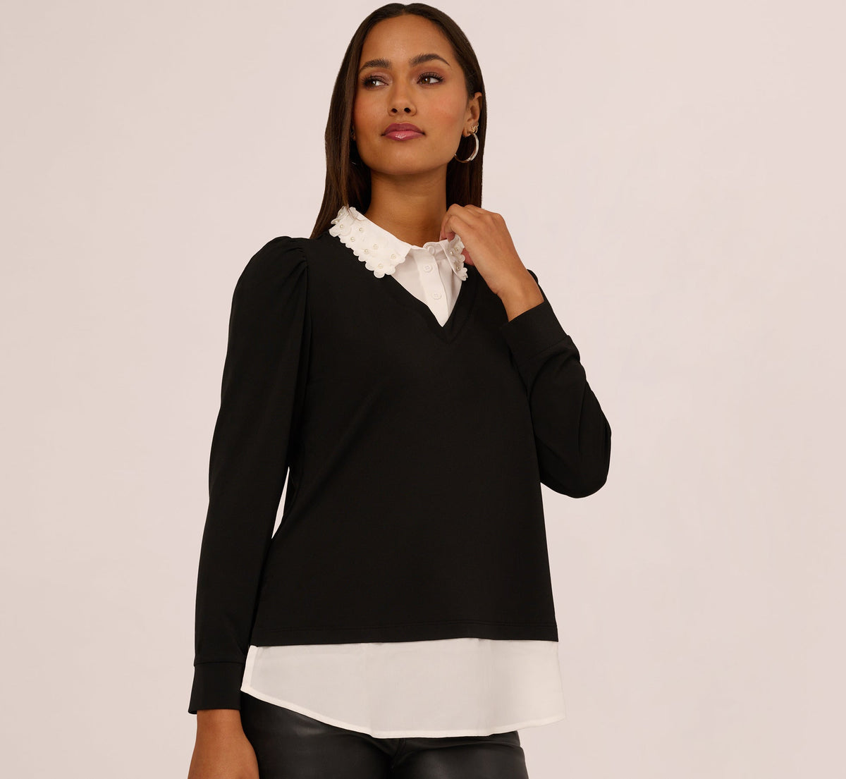 Long Sleeve Petal Collar Twofer Sweater In Black Ivory