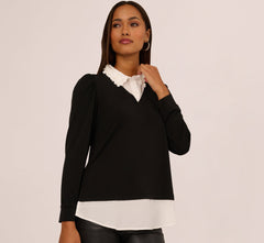 Long Sleeve Petal Collar Twofer Sweater In Black Ivory