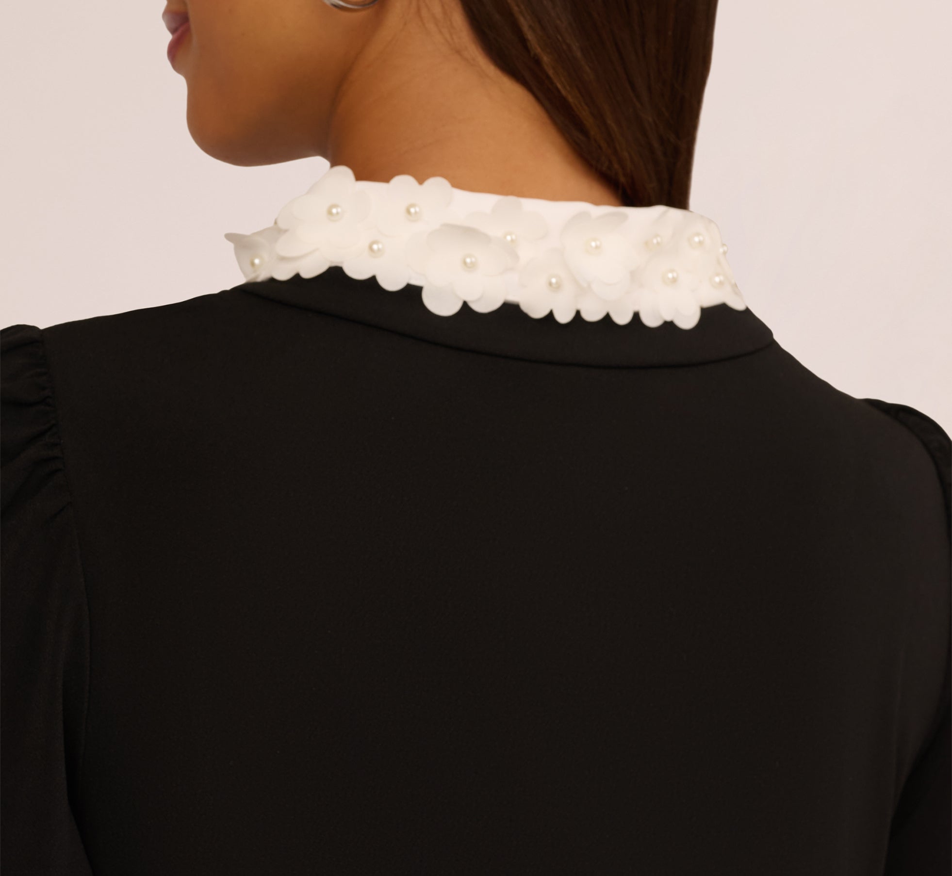 Long Sleeve Petal Collar Twofer Sweater In Black Ivory