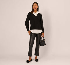 Long Sleeve Petal Collar Twofer Sweater In Black Ivory