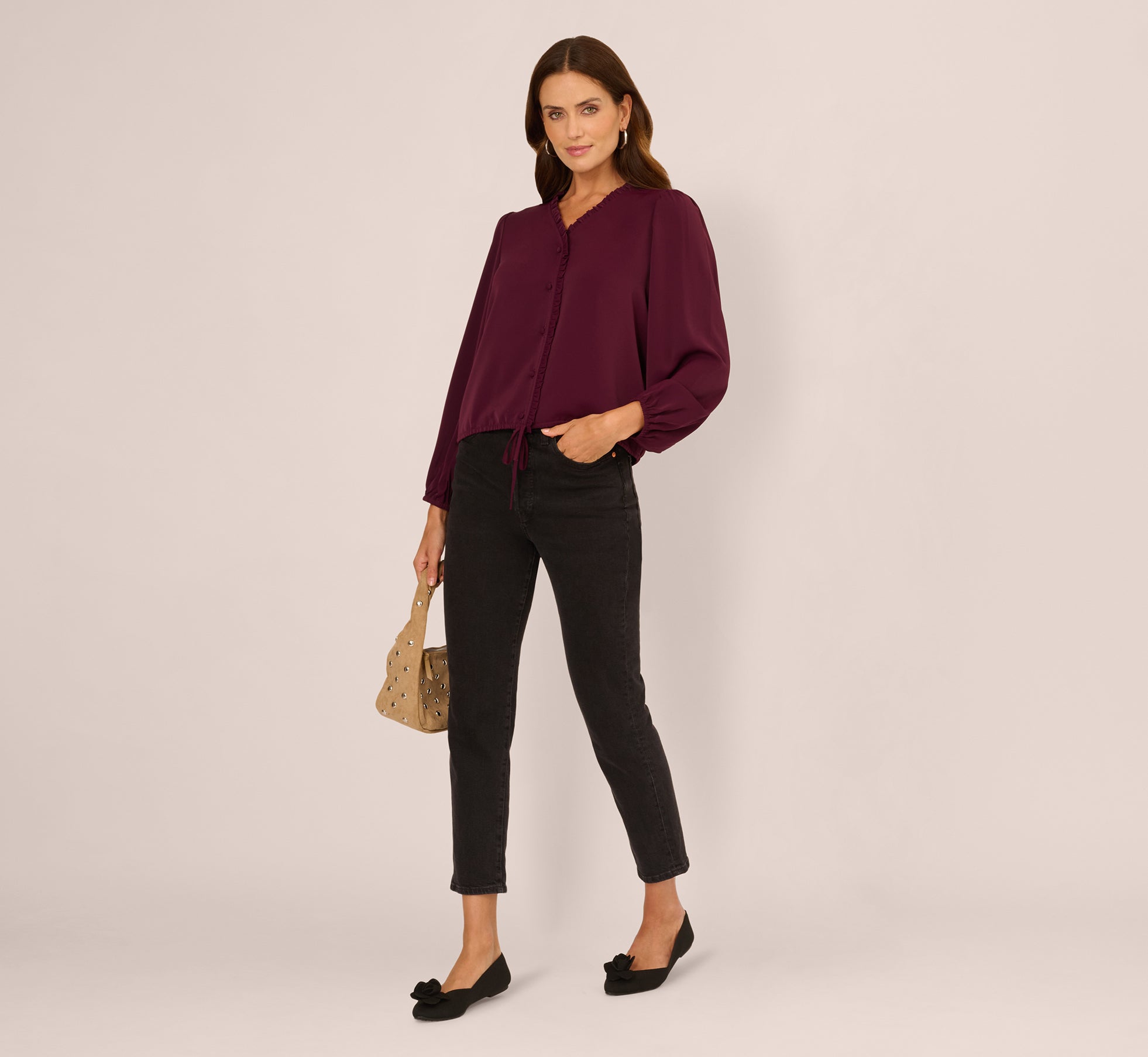 Long Sleeve Silky Buttoned Blouse In Raisin